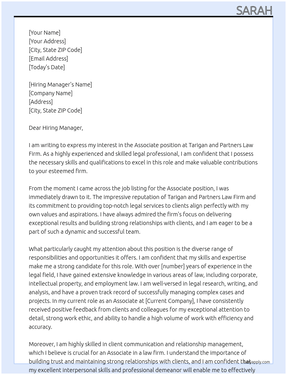 Associate At Tarigan and Partners Law Firm Cover Letter