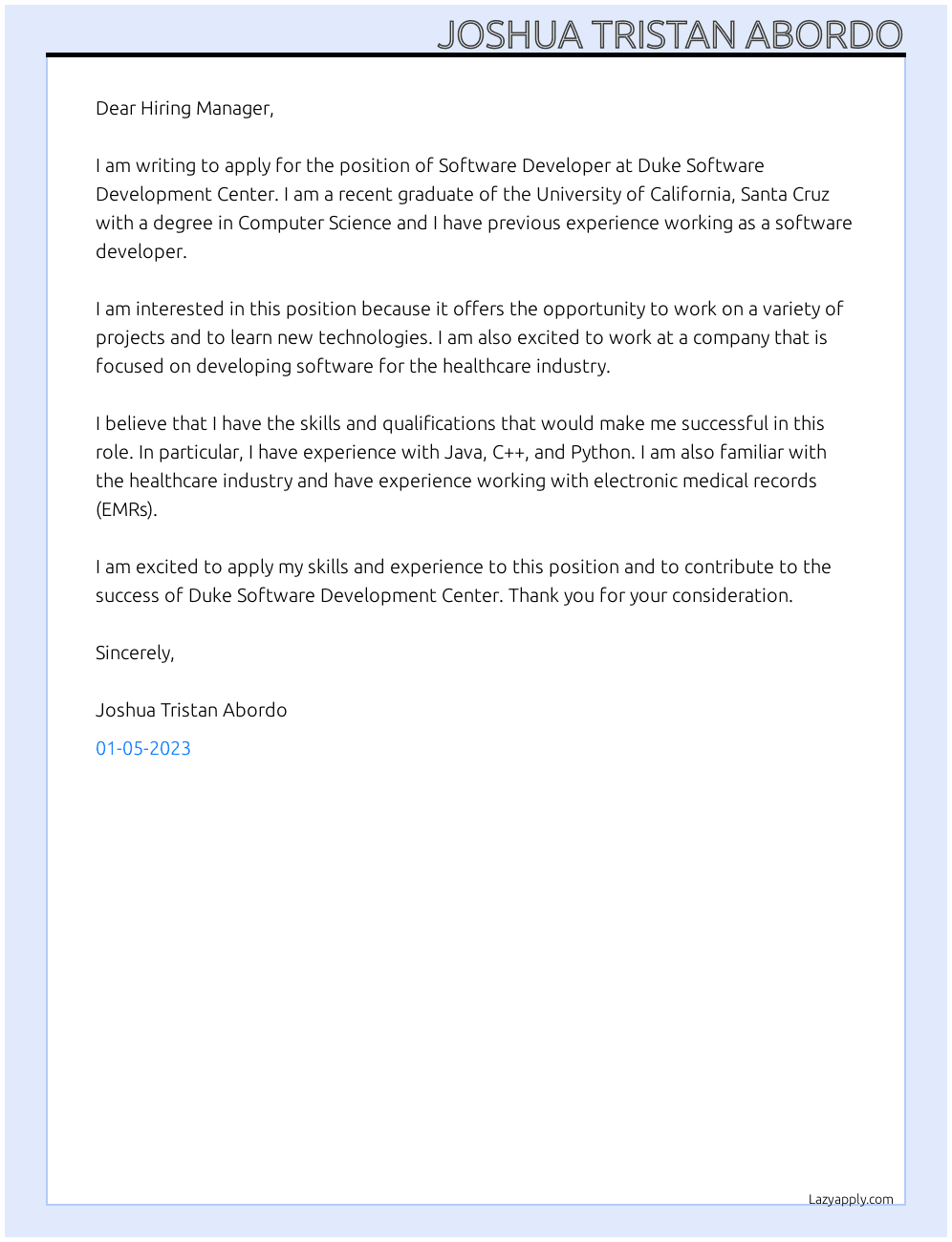 Software Developer At Duke Software Development Center Cover Letter