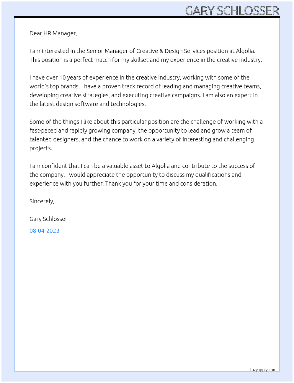 Senior Manager of Creative & Design Services At Algolia Cover Letter