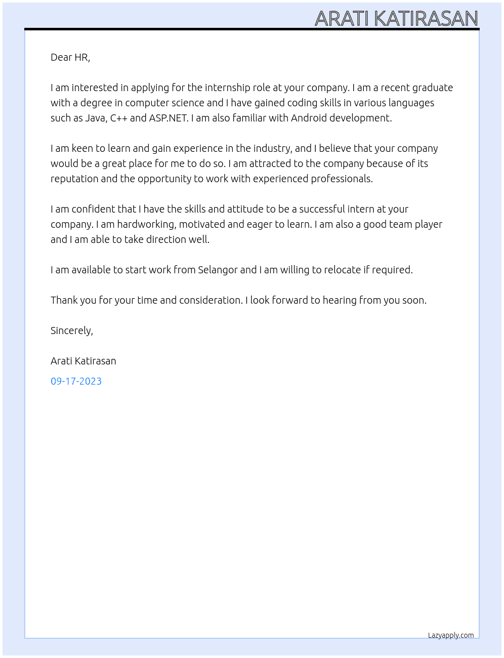 Intern At TBC Cover Letter
