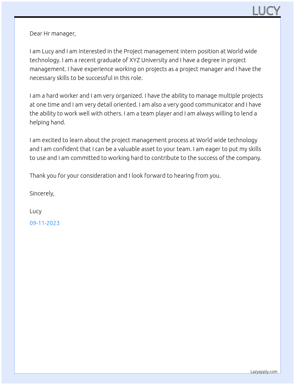 Project management intern At World wide technology Cover Letter