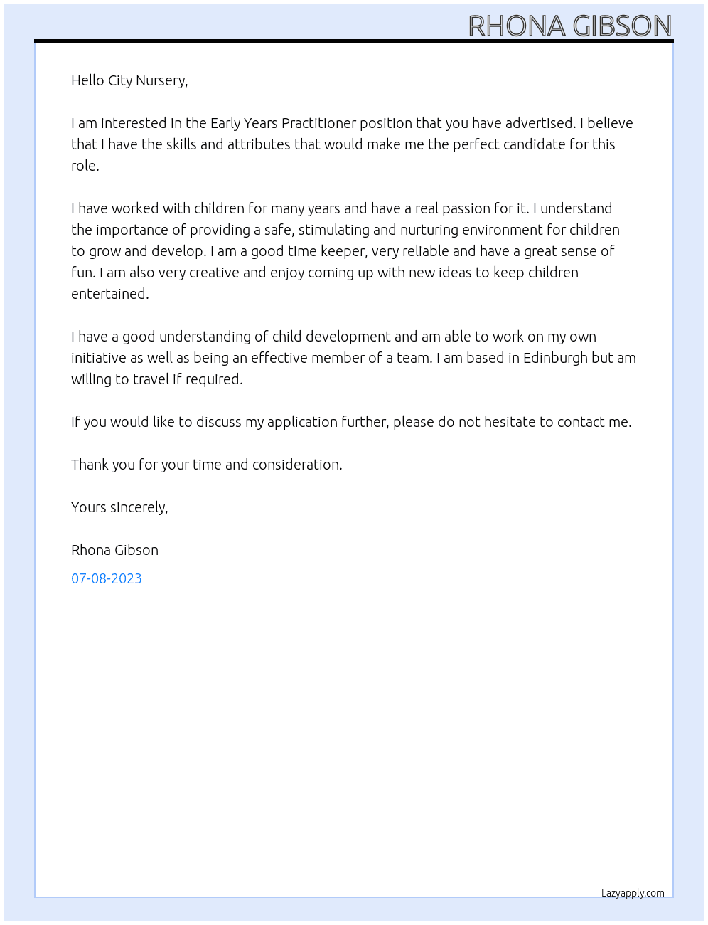 Early years practitioner  At City nursery  Cover Letter