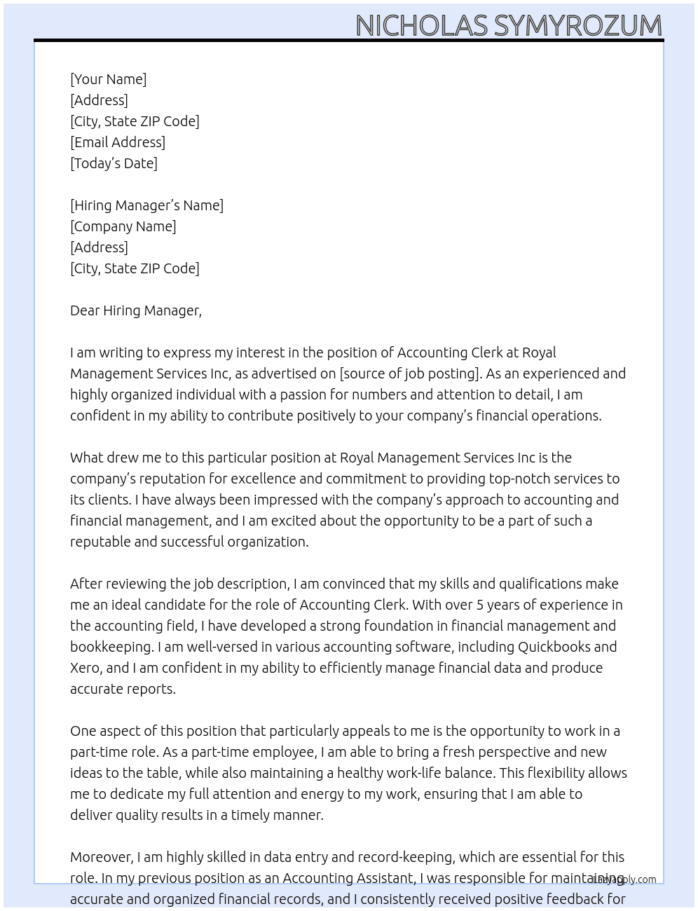Accounting Clerk At Royal Management Services Inc Cover Letter
