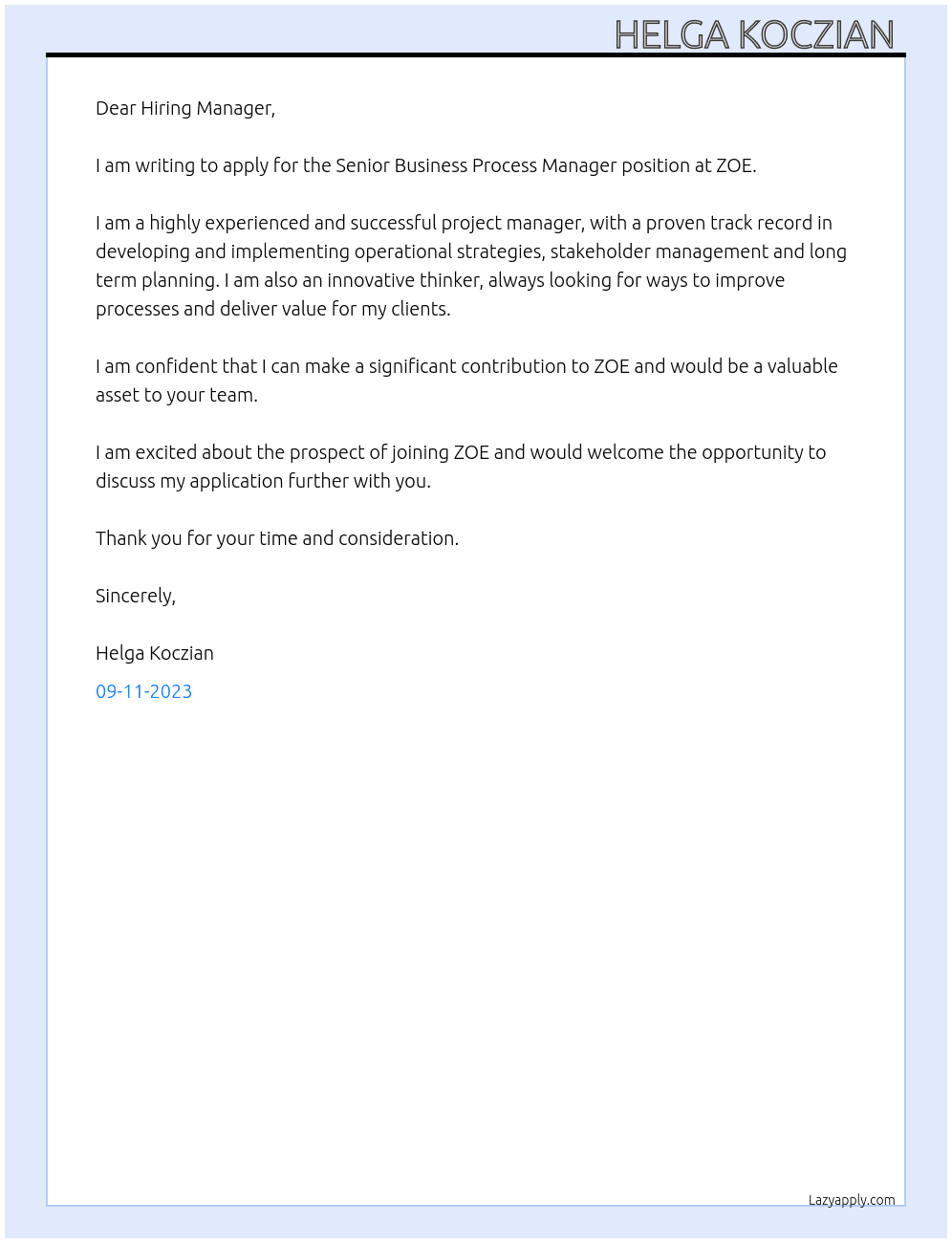 Senior Business Process Manager At ZOE Cover Letter
