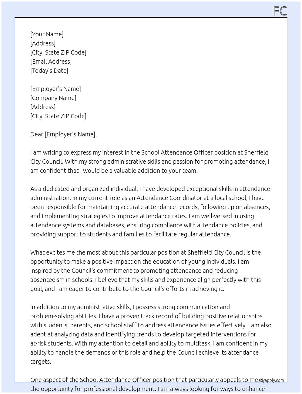 School Attendance officer  At Sheffield city  Council  Cover Letter