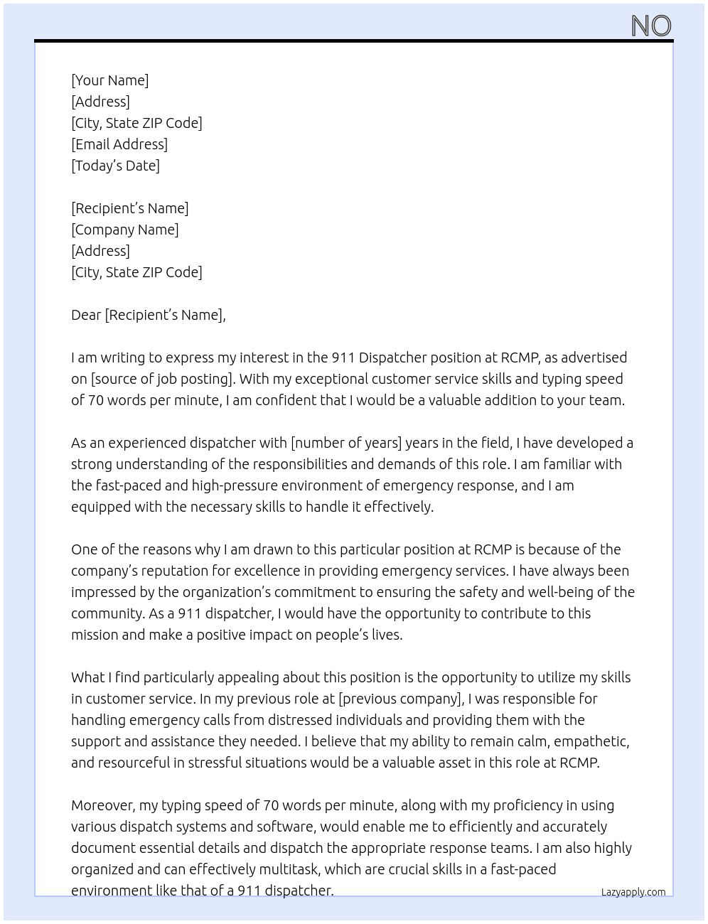 911 dispatcher At RCMP Cover Letter