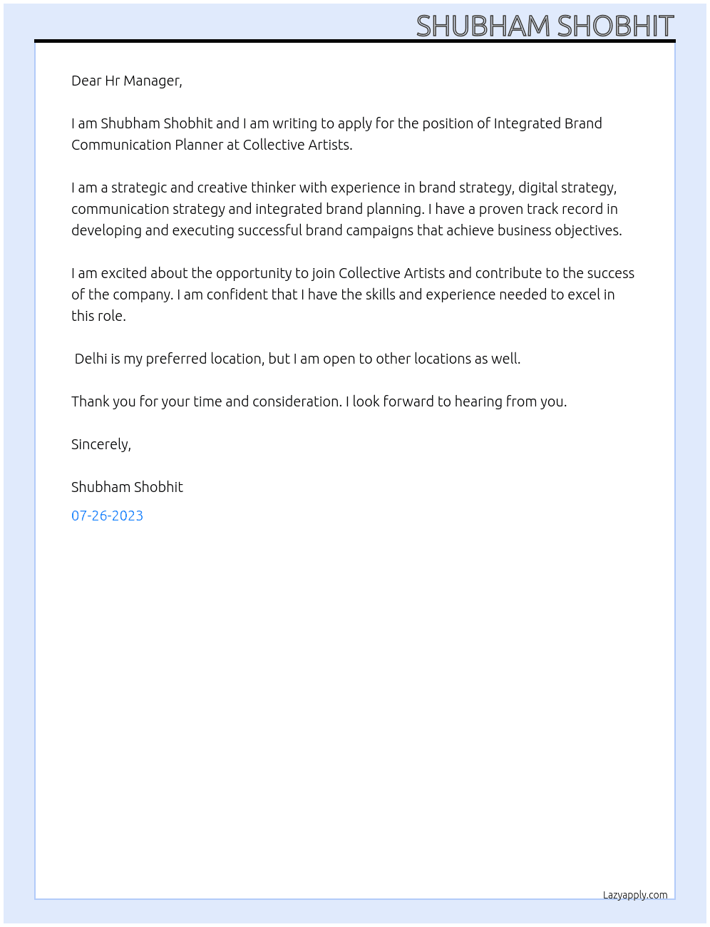 Integrated Brand Communication Planner At Collective Artists Cover Letter