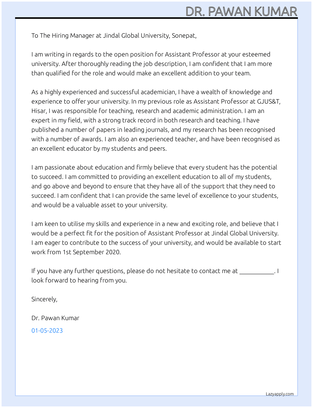 Assistant Professor At GJUS&T, Hisar Cover Letter