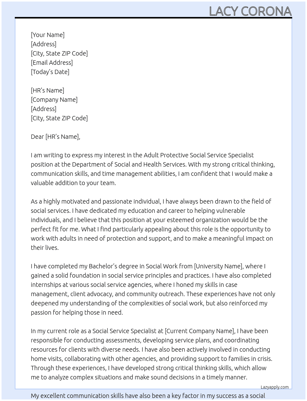 Adult Protective Social Service Specialist At Department of Social and Health Services Cover Letter