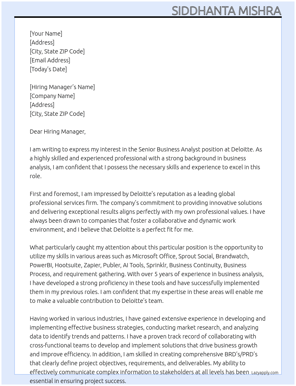 Senior Business Analyst At Deloitte Cover Letter