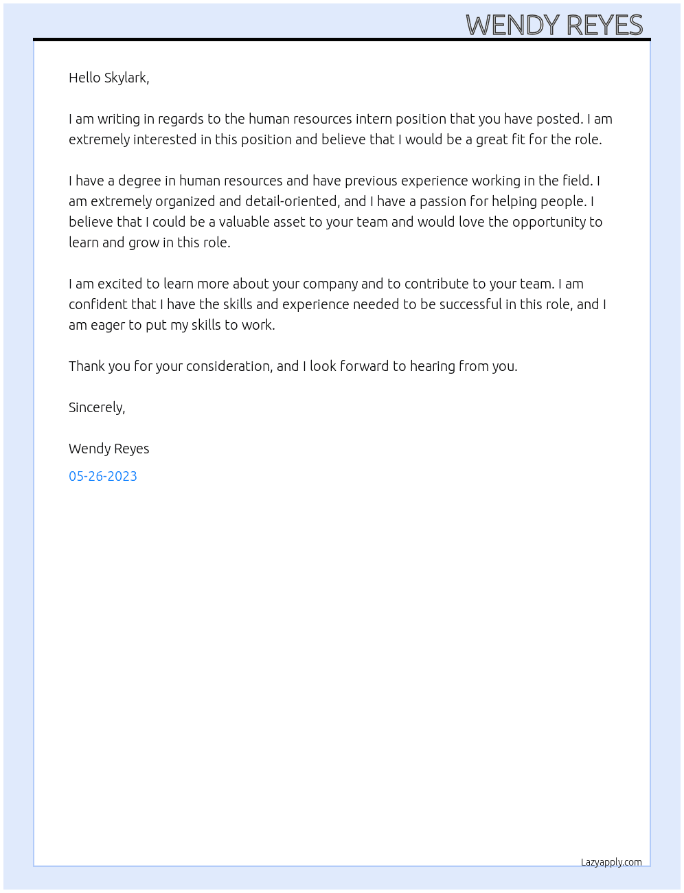 Human resources intern At Skylark  Cover Letter