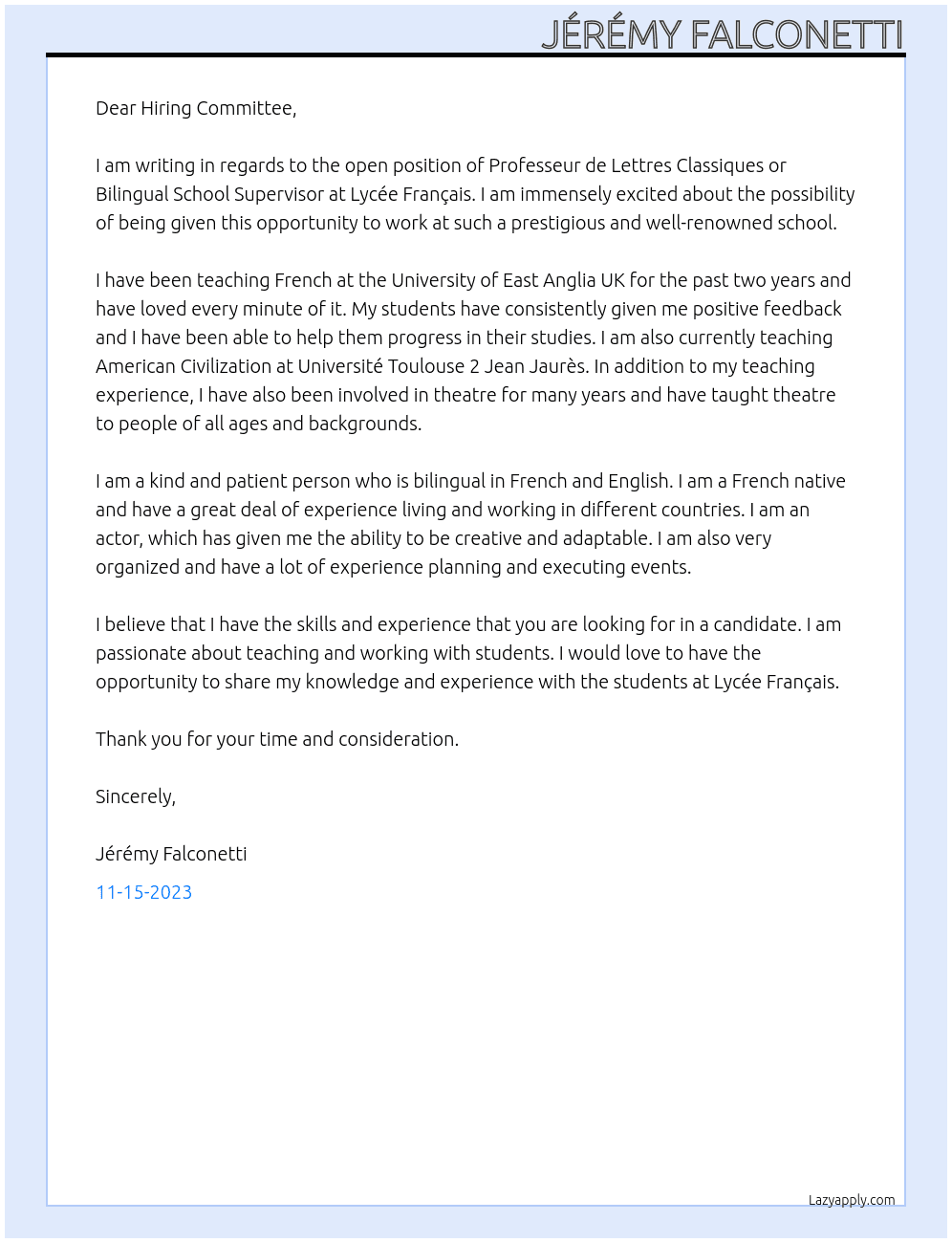 Professeur de Lettres Classiques or Bilingual School Supervisor At Lycée Français Cover Letter