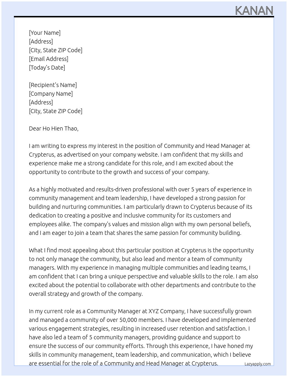Community and head manager  At Crypterus Cover Letter