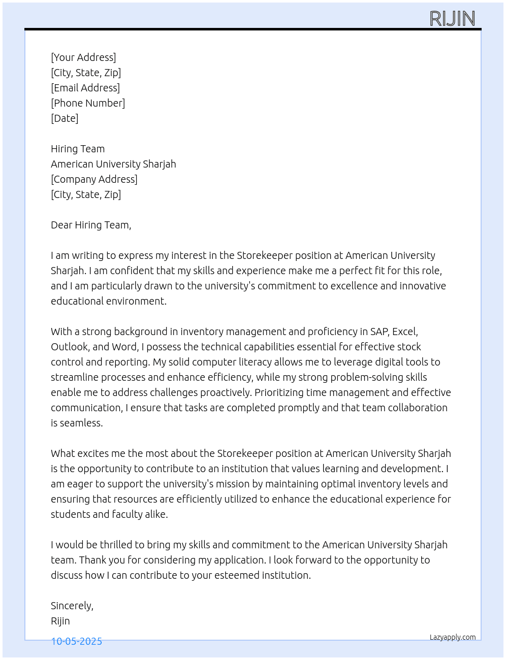Storekeeper  At American University Sharjah  Cover Letter