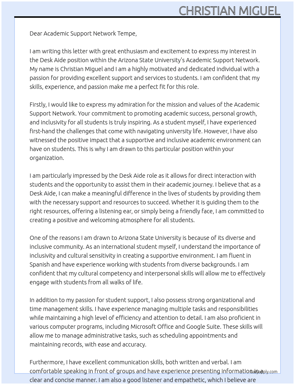 Desk Aide At Arizona State University Cover Letter