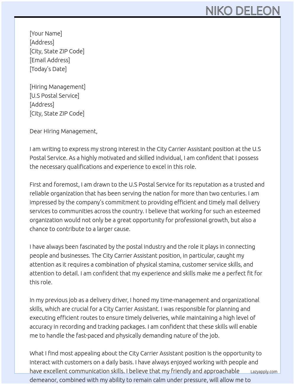 City Carrier Assistant At U.S Postal Service Cover Letter