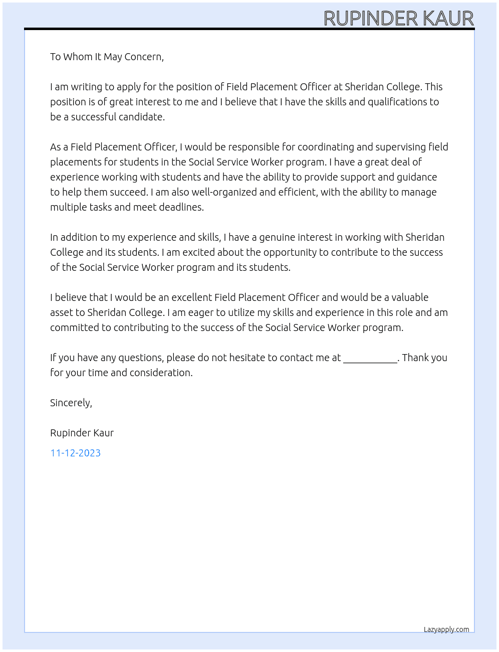 Field Placement Officer At Sheridan college Cover Letter