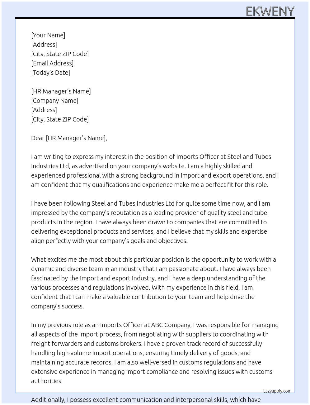 Imports officer At Steel and tubes industries ltd Cover Letter