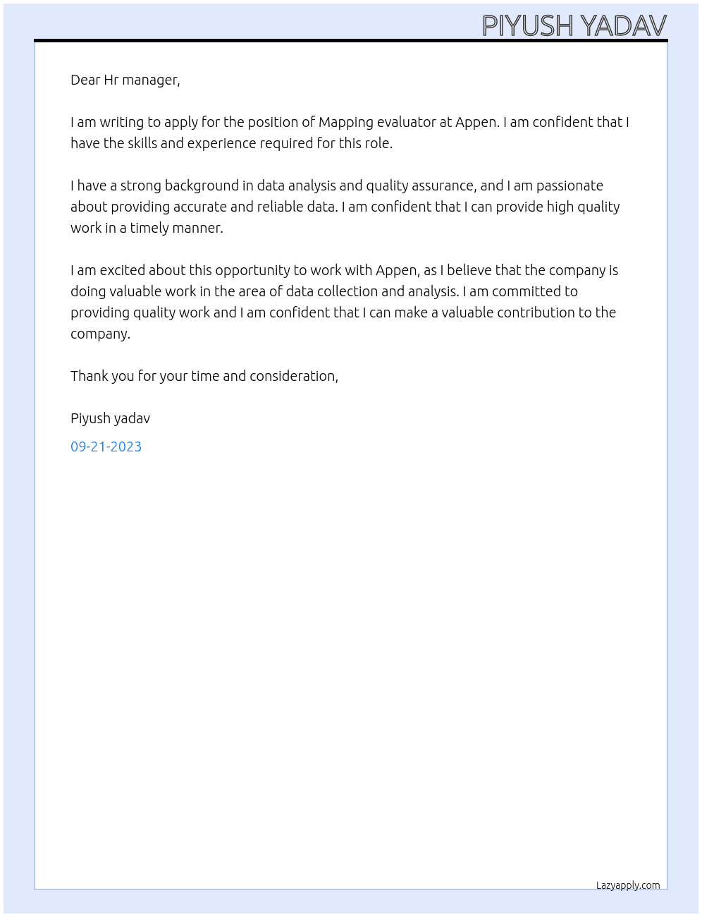 Mapping evaluater At Appen Cover Letter