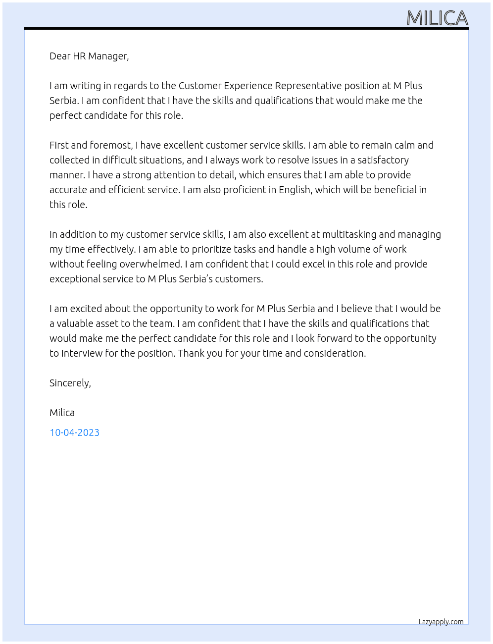 Customer Experience Representative  At M Plus Serbia Cover Letter