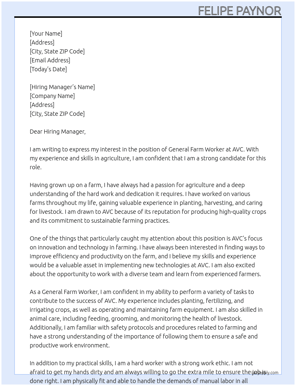 General farm worker At avc  Cover Letter