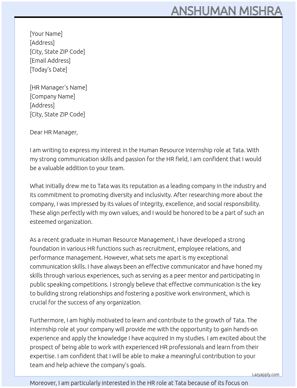 Human Resource  At Tata  Cover Letter