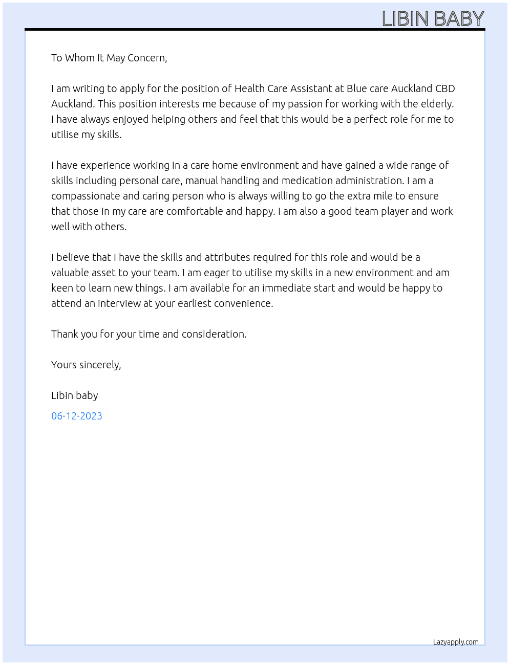 HEALTH CARE ASSISTANT At Blue care Auckland CBD Auckland Cover Letter