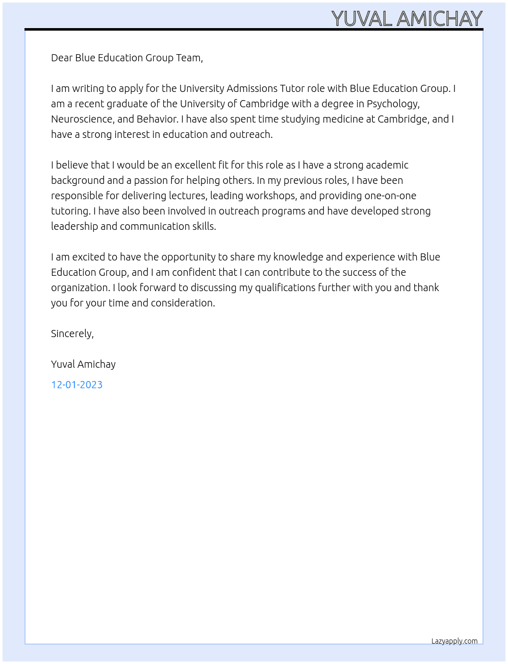 University Admissions Tutor At Blue Education Group Cover Letter