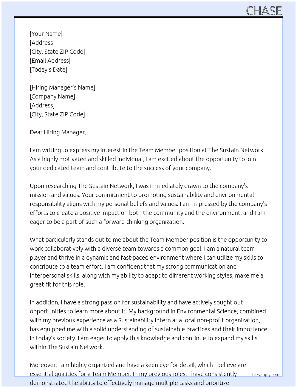 Team Member At The Sustain Network Cover Letter