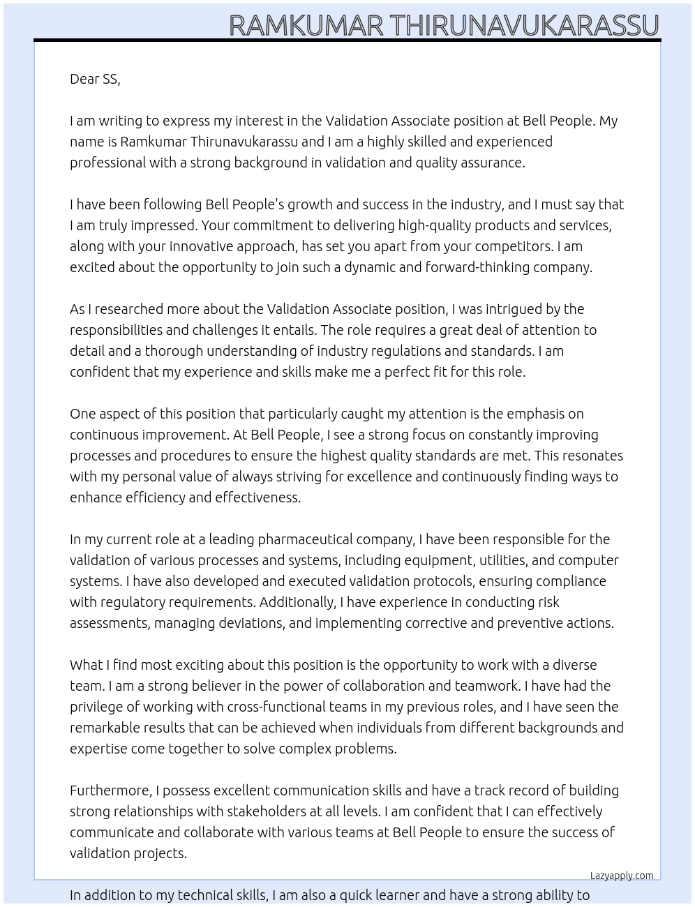 Validation associate At Bell people Cover Letter