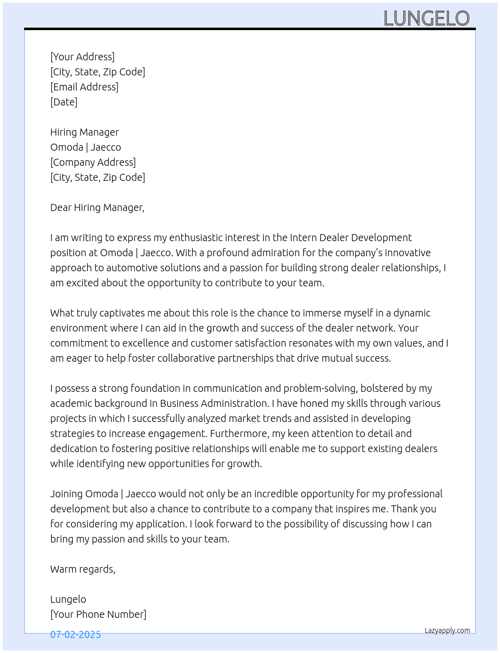 Intern Dealer Development  At Omoda | Jaecco Cover Letter