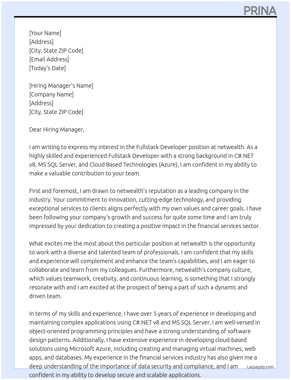 Fullstack Developer At netwealth Cover Letter