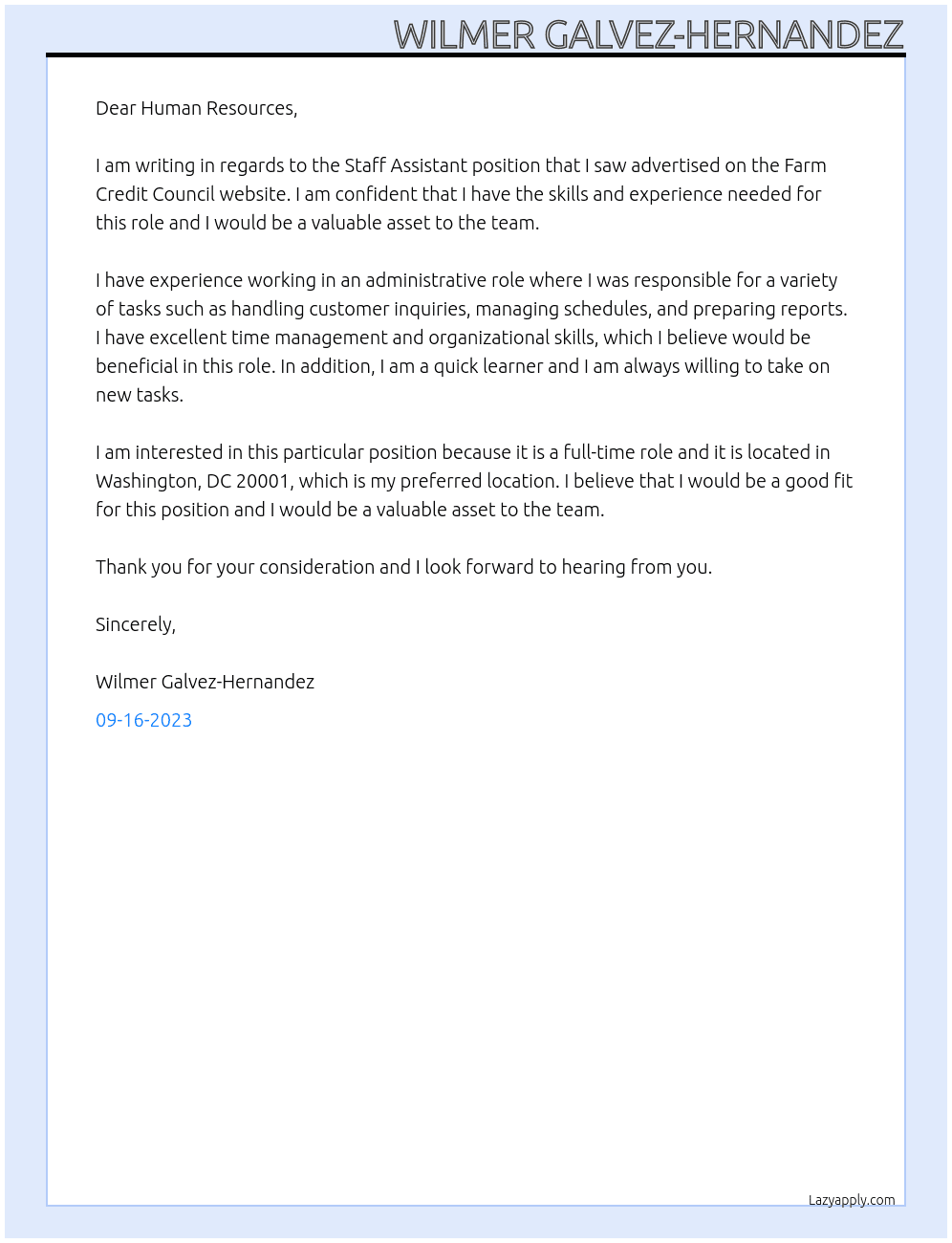 Staff Assistant At Farm Credit Council Cover Letter