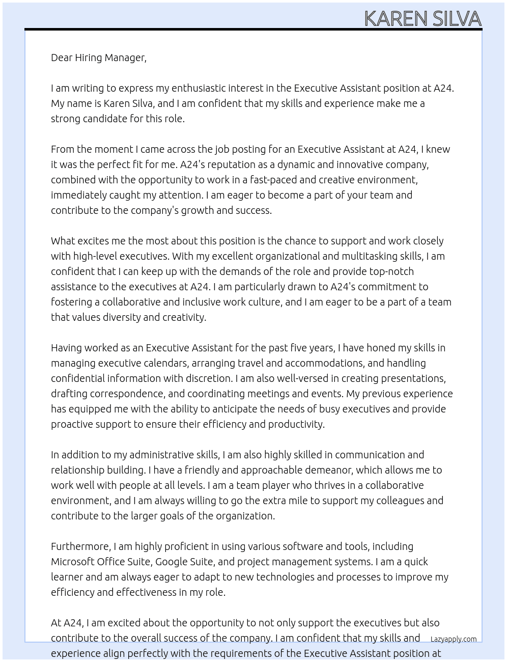Executive Assistant At A24 Cover Letter