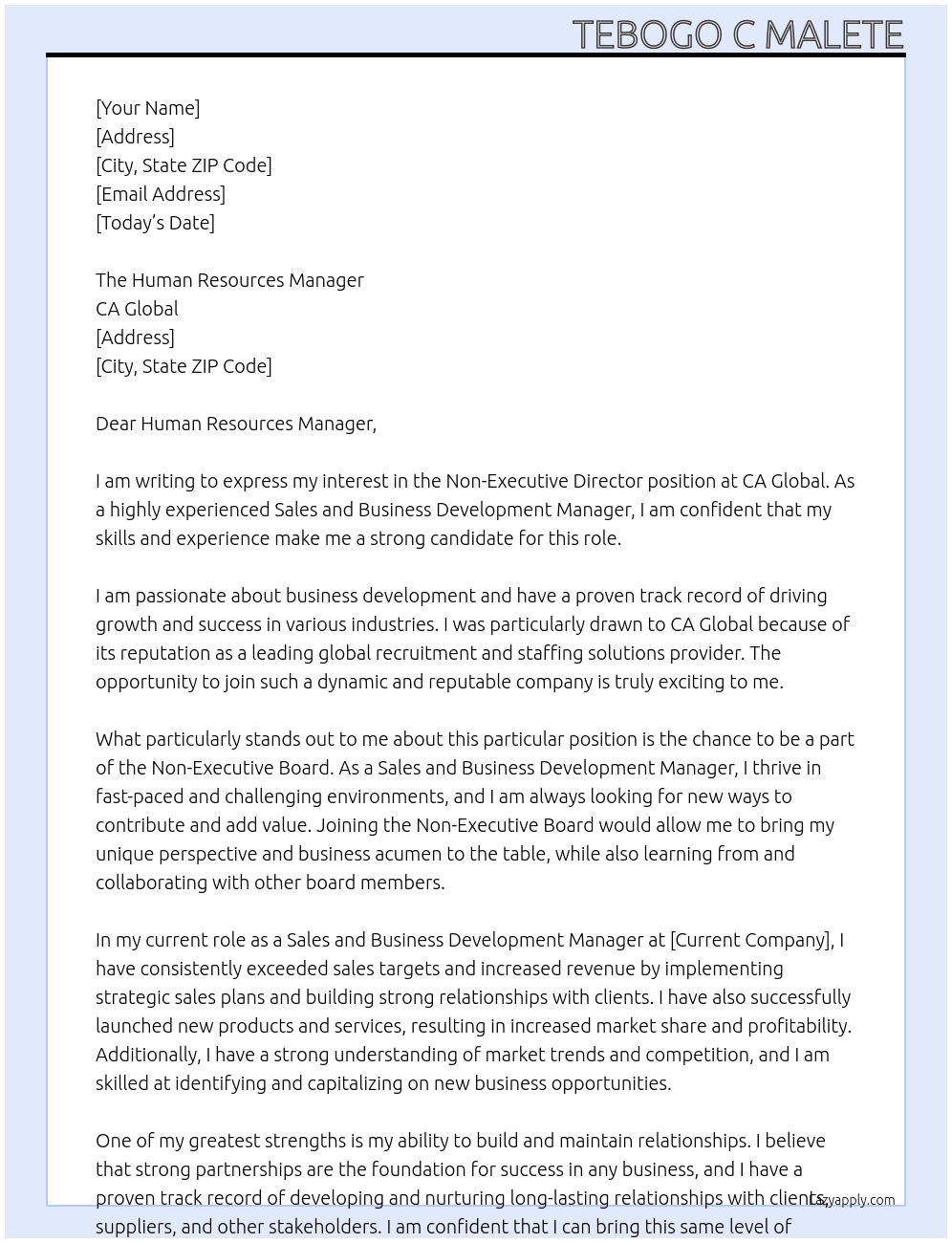 Non Excutive Director At CA Global Cover Letter