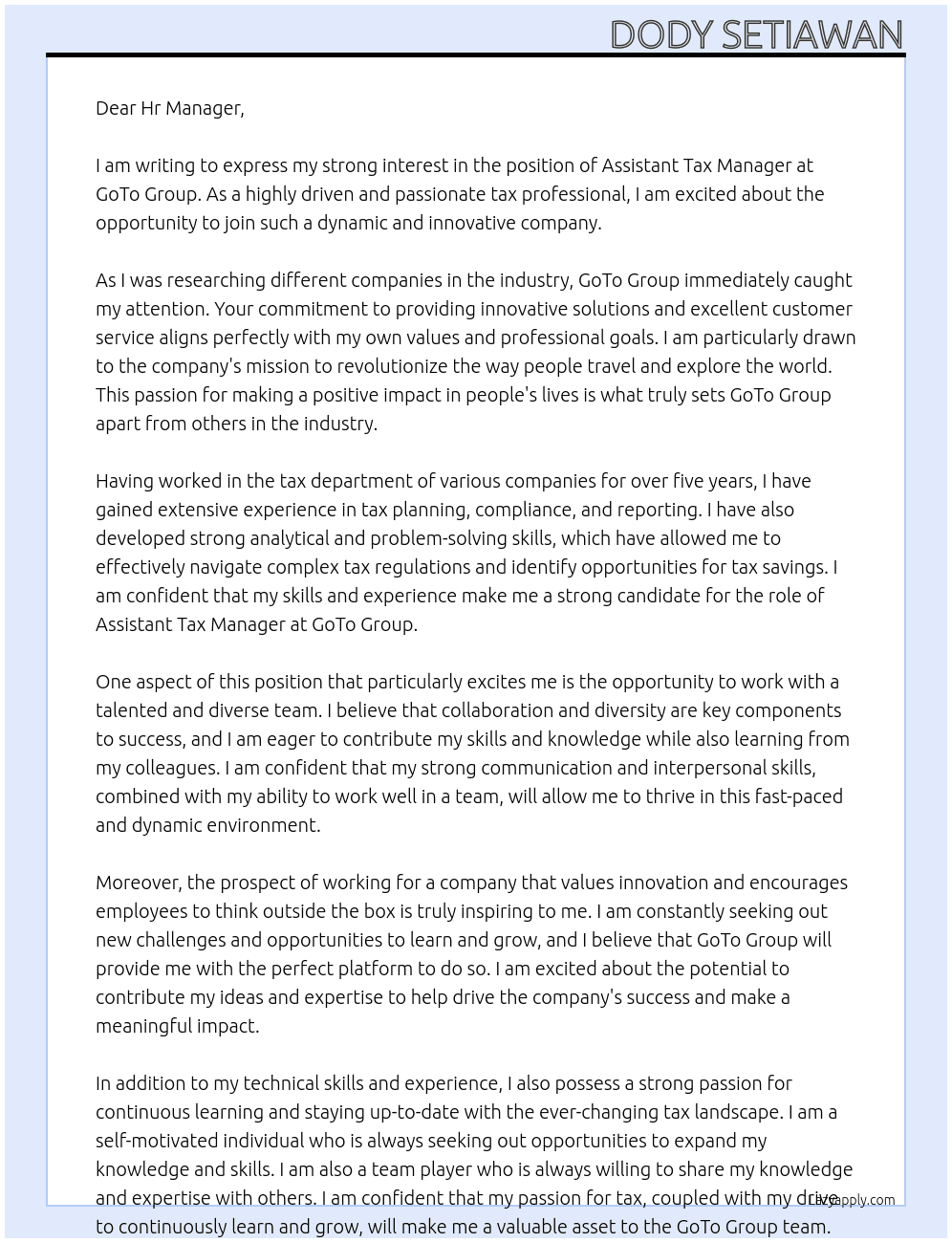 Assistant Tax Manager At GoTo Group Cover Letter