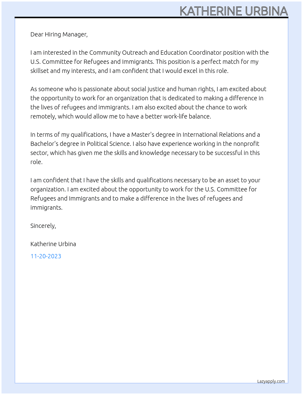 Community Outreach and Education Coordinator At U.S. Committee for Refugees and Immigrants Cover Letter