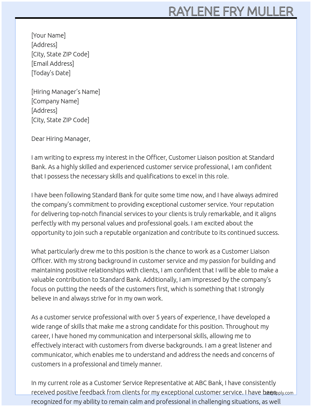 Cover letter for officer, customer liason - LazyApply