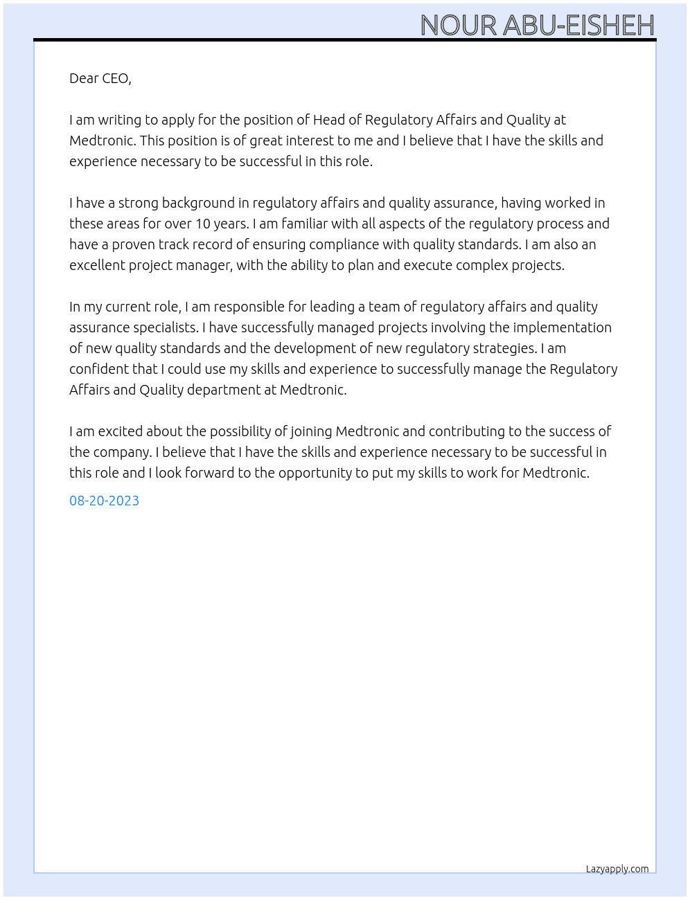Head of Regulatory Affairs and Quality At medtronic Cover Letter