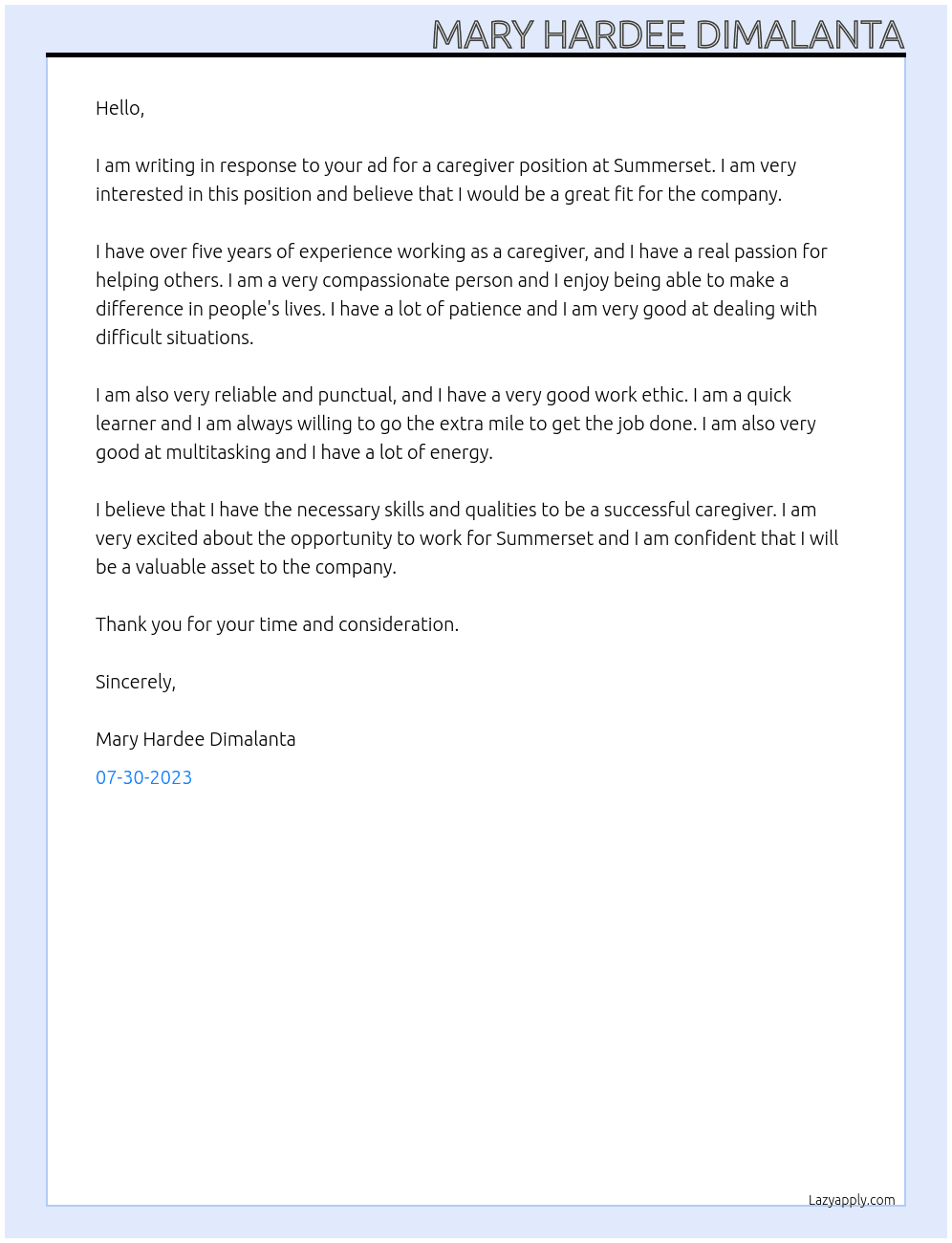 caregiver At summerset Cover Letter
