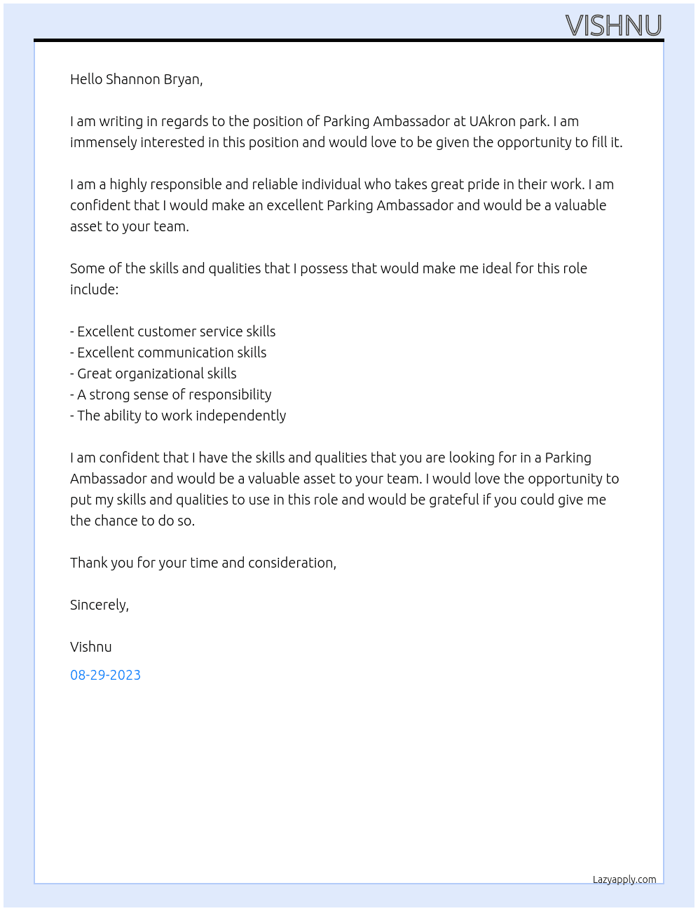 Parking ambassador At UAkron park Cover Letter