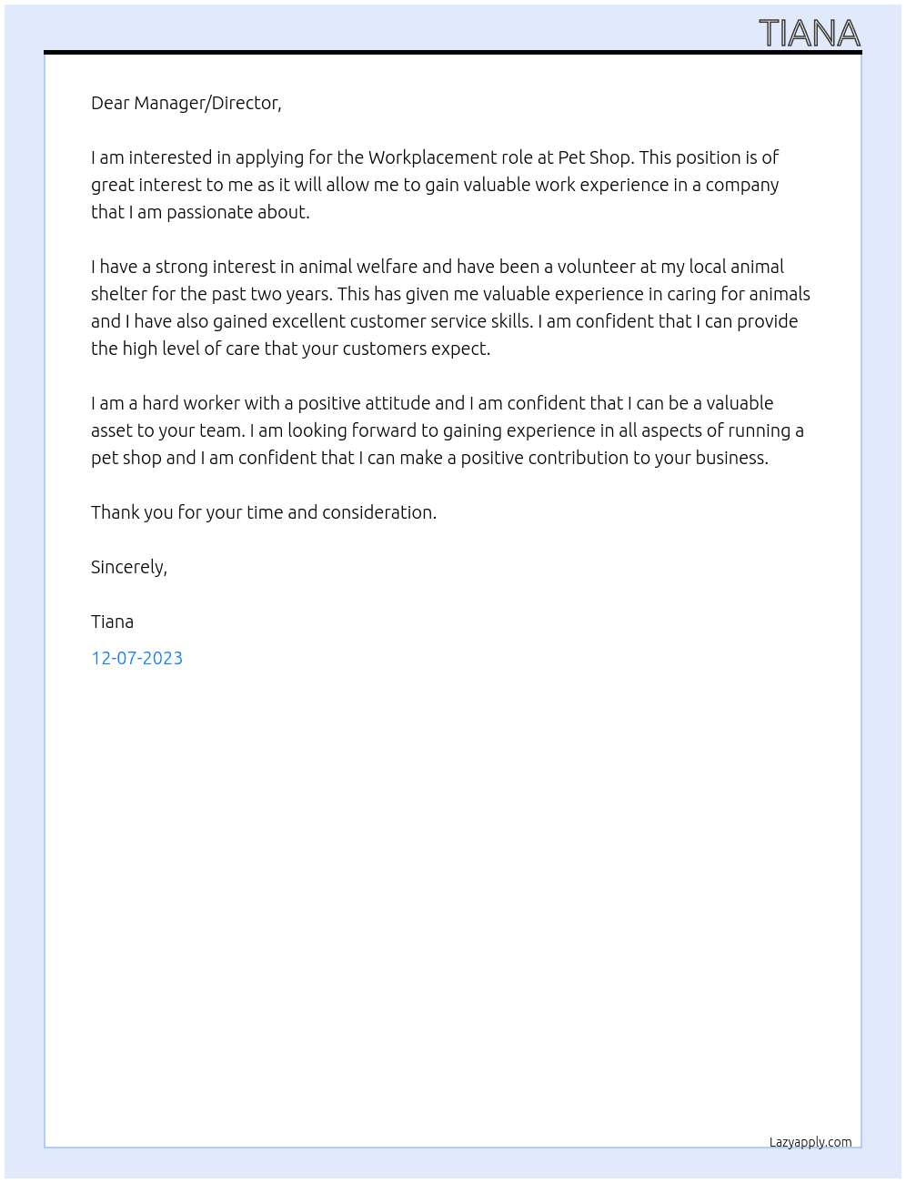 Workplacement  At Pet Shop Cover Letter