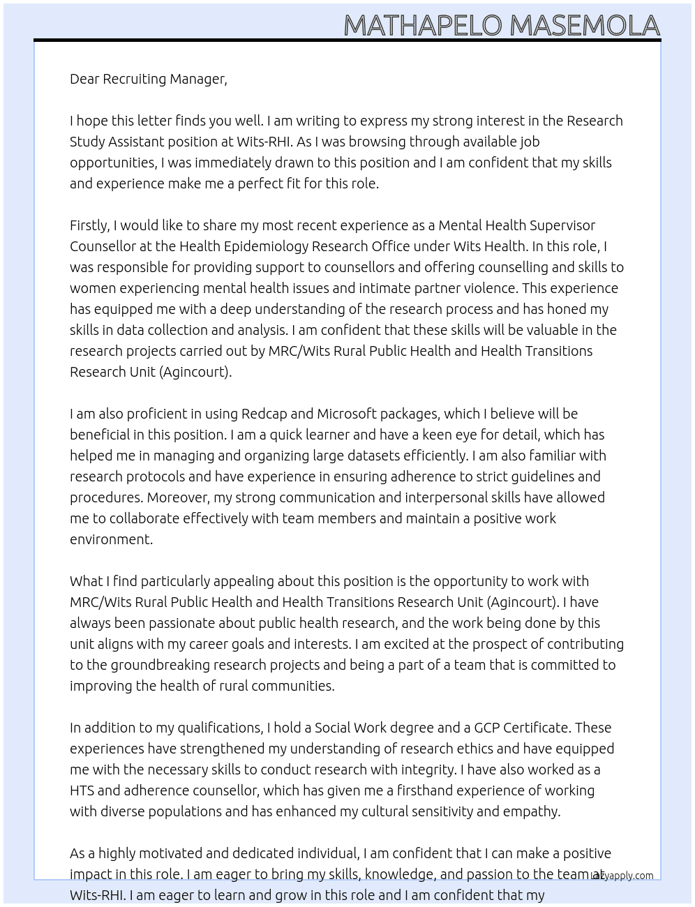 Research Study Assistant  At Wits-RHI Cover Letter