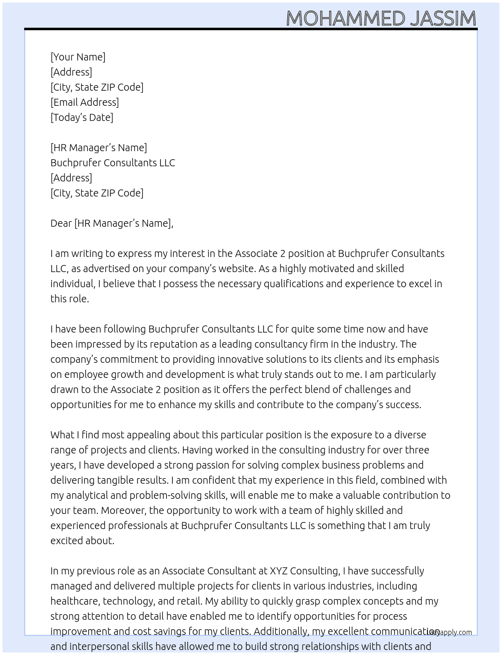 associate 2 At Buchprufer Consultants LLC Cover Letter