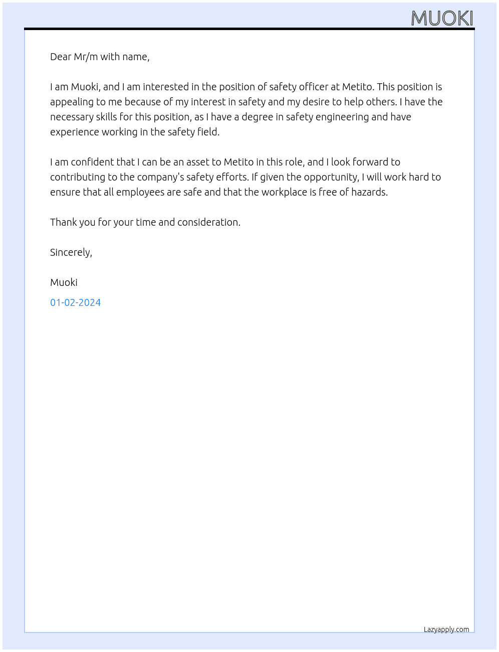Safety officer At Metito  Cover Letter