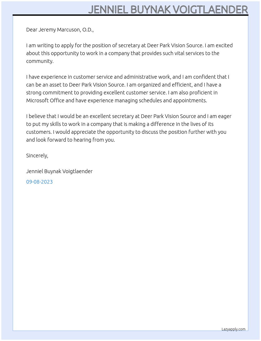 Secretary At Deer Park Vision Source Cover Letter
