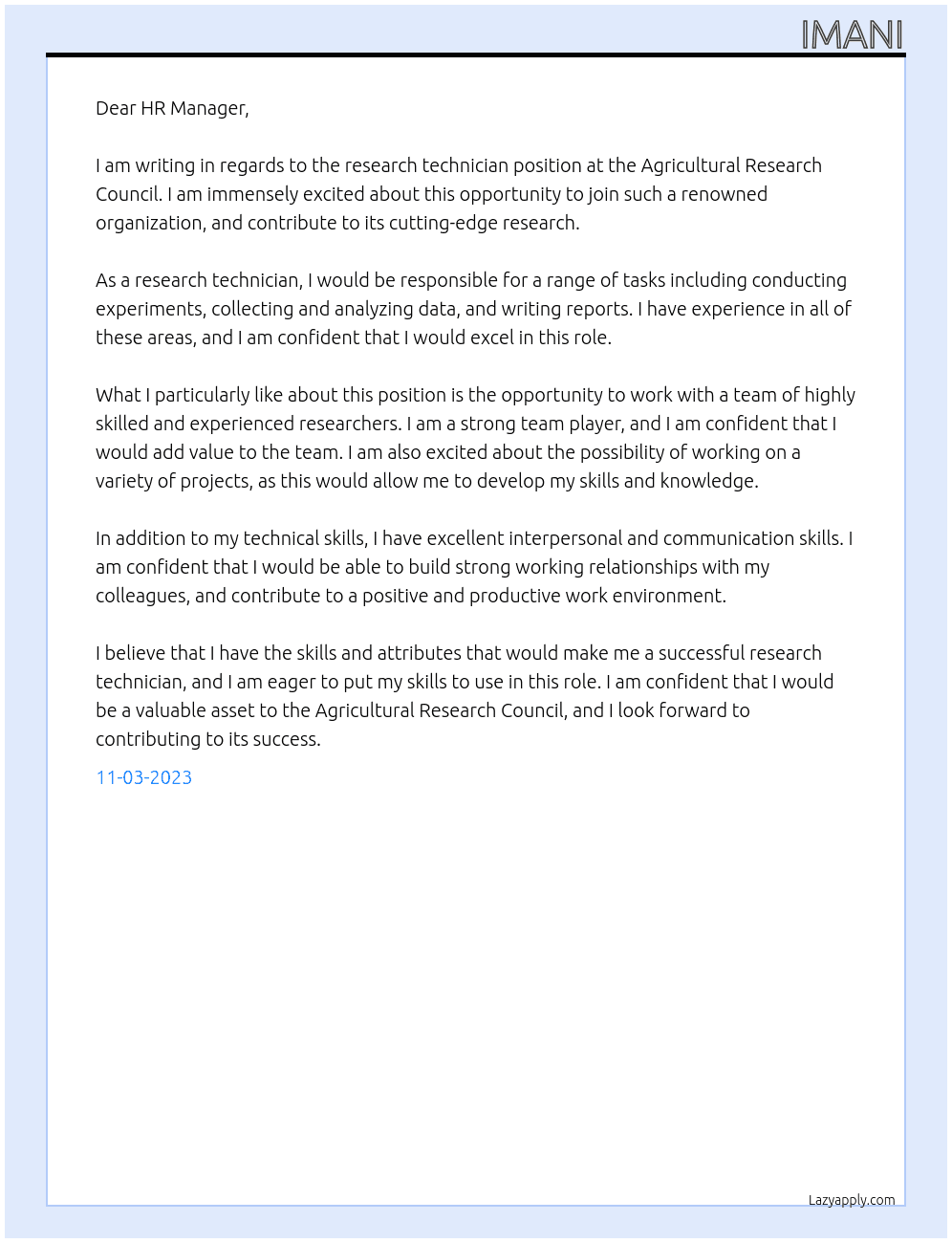 Rsearch technician At Agricultural research council Cover Letter