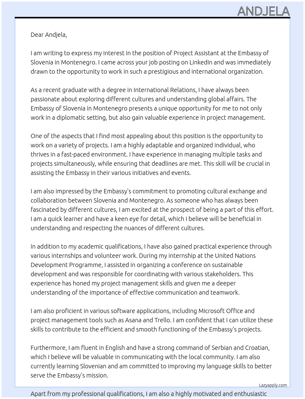 Project assisatnt At Embassy of Slovenia in Montenego Cover Letter