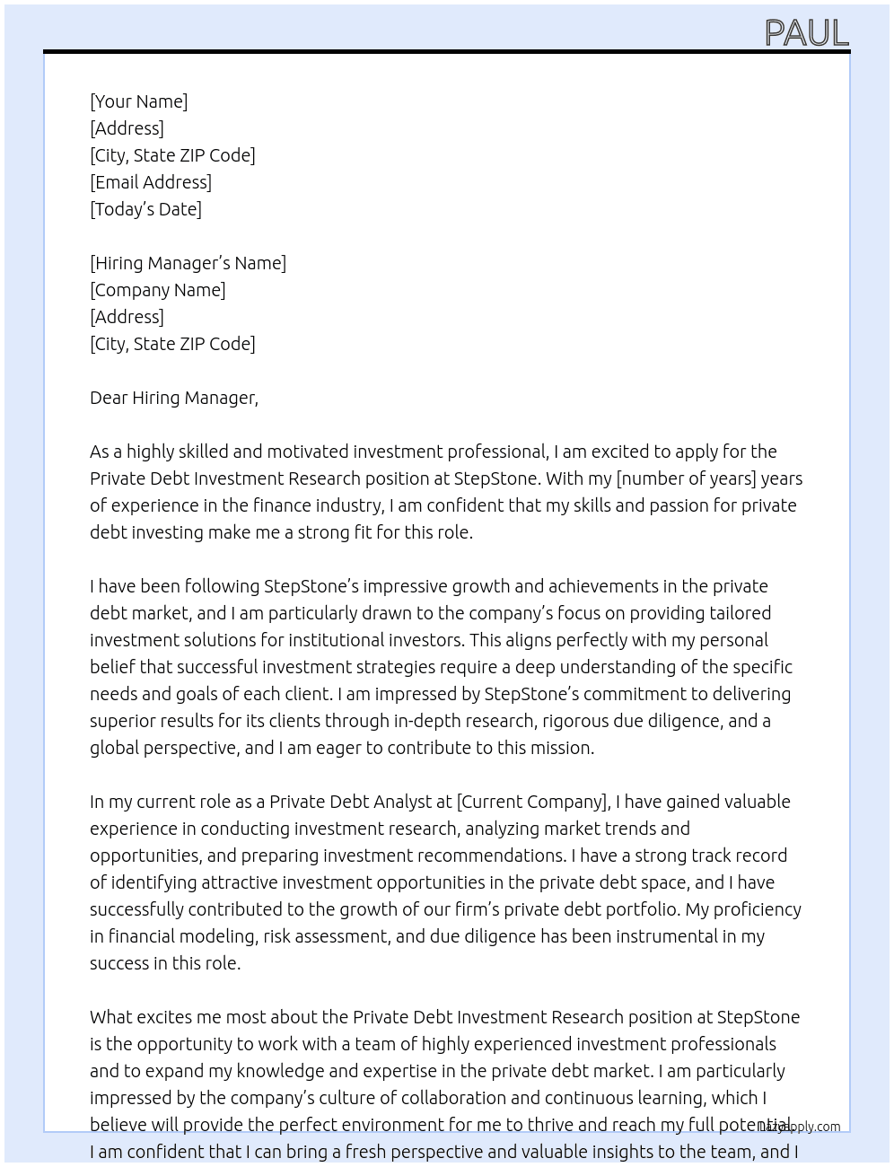 Private Debt Investment Research At StepStone Cover Letter