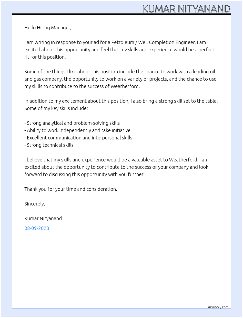 petroleum / well completion engineer At Weatherford  Cover Letter